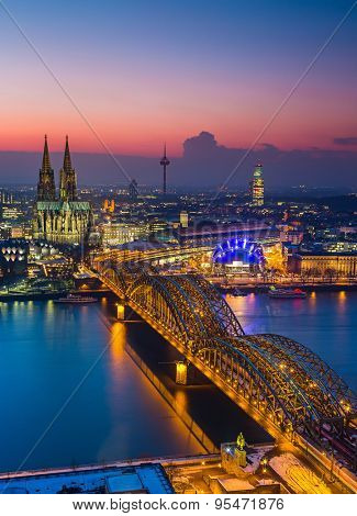 Aerial view on Cologne at dusk