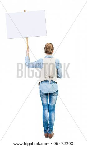 Back view woman showing sign board. girl holds information plate. Rear view people collection. backside view of person. Isolated over white background. Girl in sleeveless on strike. 