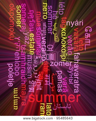 Background concept wordcloud multilanguage international many language illustration of summer glowing light