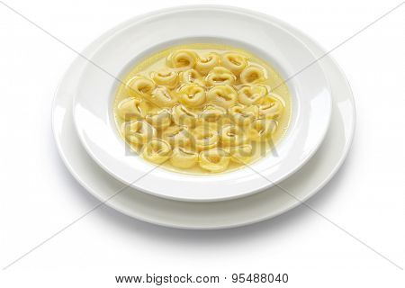 tortellini in brodo, ring shaped pasta in broth, italian emilia romagna soup cuisine