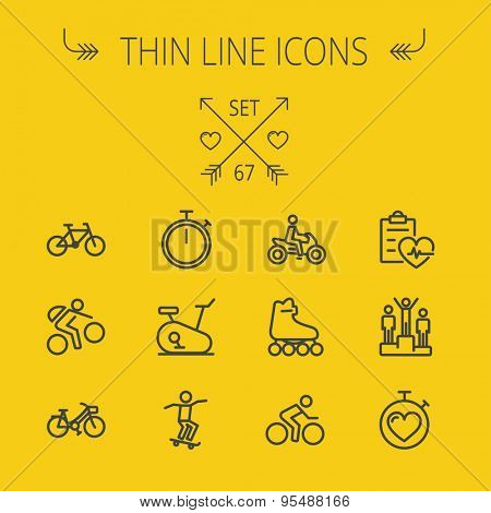 Sports thin line icon set for web and mobile. Set includes- stopwatch, skatboard, bicycle, mountain bike, motorbike, roller skate, heart and time, winners icons. Modern minimalistic flat design