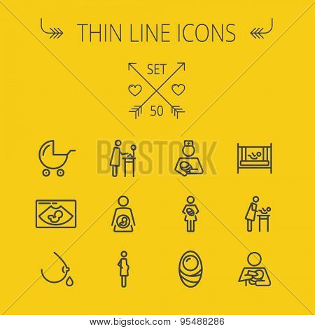 Medicine thin line icon set for web and mobile. Set includes- stroller, crib, nurse, breastmilk, pregnant, baby icons. Modern minimalistic flat design. Vector dark grey icon on light grey background.
