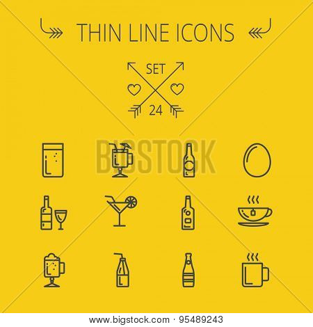 Food and drink thin line icon set for web and mobile. Set includes- coffee, soda, lime, egg, bottle, cocktail drink, glass, wine glass icons. Modern minimalistic flat design. Vector dark grey icon on