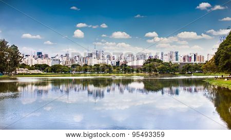 Sao Paulo skyline from Ibirapuera Park, Brazil.