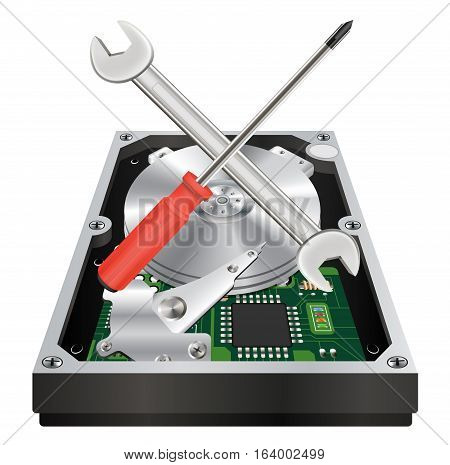 inside of a internal harddisk with wrench and screwdriver