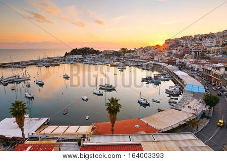 Evening view of Mikrolimano marina in Athens, Greece.