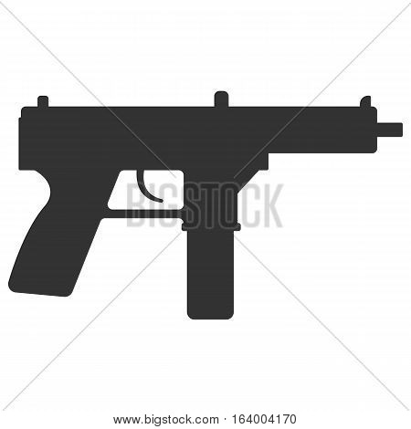 Submachine gun silhouette security and military weapon. Metal automatic gun. Criminal and police firearm vector illustration isolated on white.