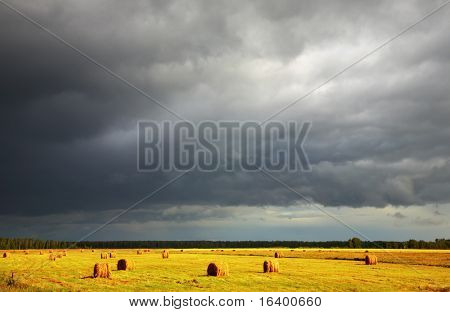 Krajobraz hayfield i burzowe chmury