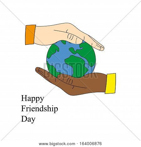 Happy Friendship Day celebration concept with two hands earth on a white background