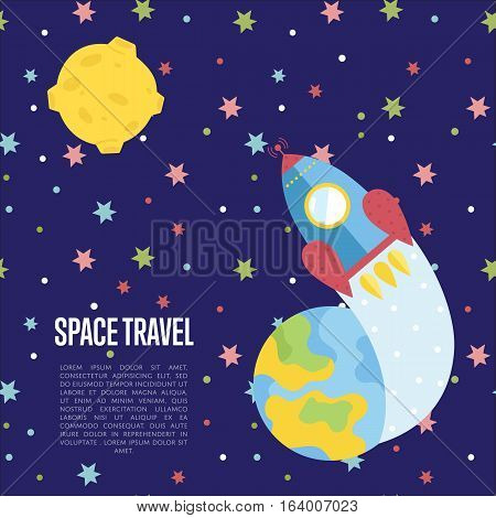 Space travel cartoon web template. Spaceship flying from Earth to distant planet in outer space vector illustration on blue background. For modern innovative space transportations company landing page