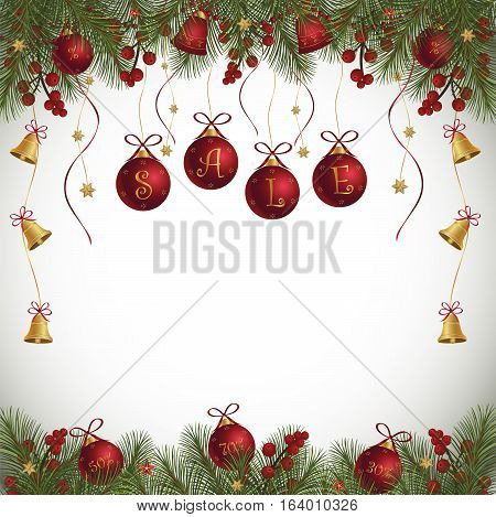 Winter sale background with fir branches berries bells and red balls. Sale and discount red balls.