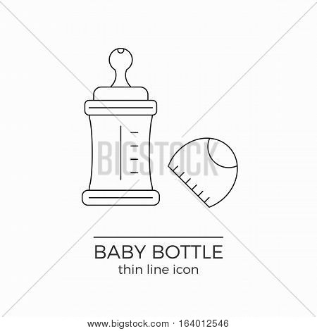 Line vector icon for baby bottle with nipple and cap on white background.