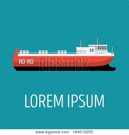 Vector seaway ocean delivery and shipping boat. Ship in modern flat style for illustrations, poster, t-shirts, web sites and others. Vector illustration isolated on a blue background.