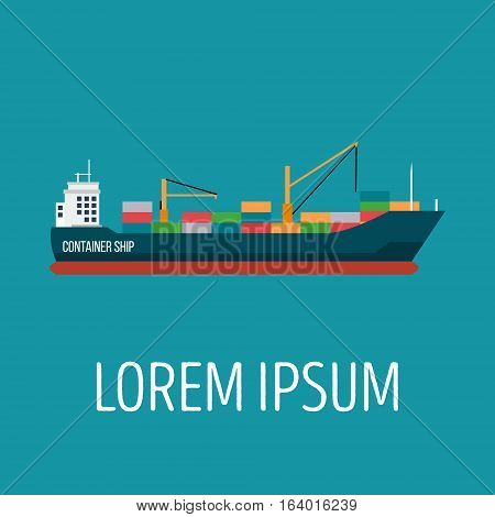 Vector seaway ocean delivery and shipping boat. Ship in modern flat style for illustrations, poster, t-shirts, web sites and others. Vector illustration isolated on a blue background.