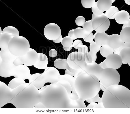 Abstract of chaotic white blobs with subsurface scattering in black background. 3D illustration
