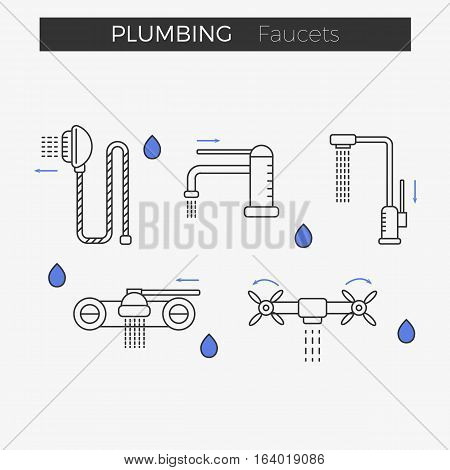 Faucets (water tap) thin line icons set. Shower included. Vector illustration for web or infographics. Equipment for bathroom or kitchen.
