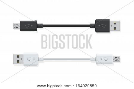 USB Micro cables isolated on white background. Connectors and sockets for PC and mobile devices.