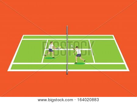 Cartoon tennis players in tennis court standing near the net hitting a volley. Vector illustration isolated on bright orange background.