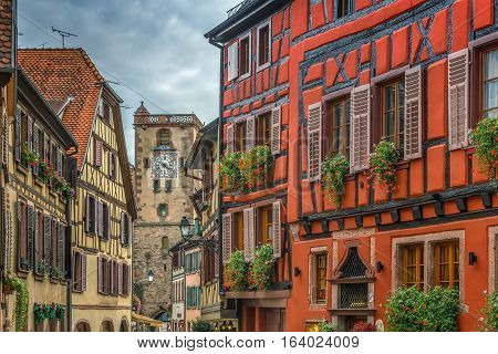 Street with historical houses in Ribeauville Alsace France