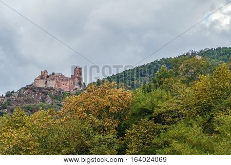 Chateau de Saint-Ulrich is located on a hill above Ribeauville village Alsace France