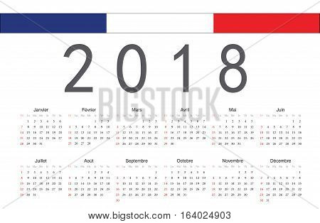 Simple rectangular French 2018 year vector calendar. Week starts from Sunday.