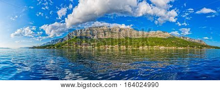Panoramic view of the beautiful nature of Tucepi touristic town on the Adriatic Sea coast, Croatia.