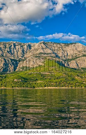 Tucepi view from the boat towards the Biokovo mountain, Adriatic Sea Croatia.