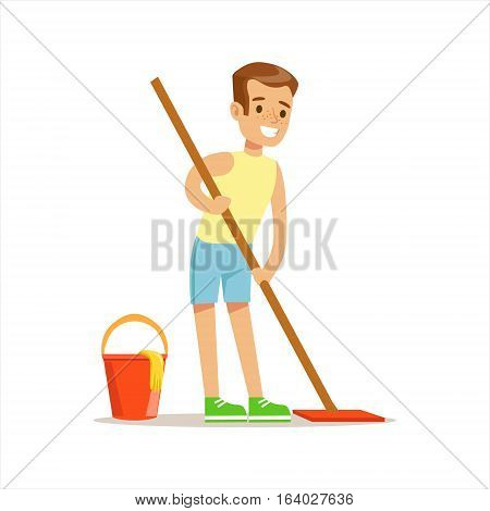 Boy Cleaning Floor With The Mop Smiling Cartoon Kid Character Helping With Housekeeping And Doing House Cleanup. Vector Illustration From Children Home Cleaning And Tiding Series.
