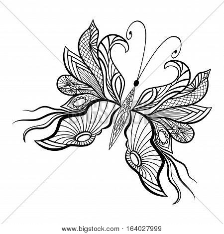 Hand drawn doodle element butterfly in vector. Ethnic design. Black and white version. EPS 10