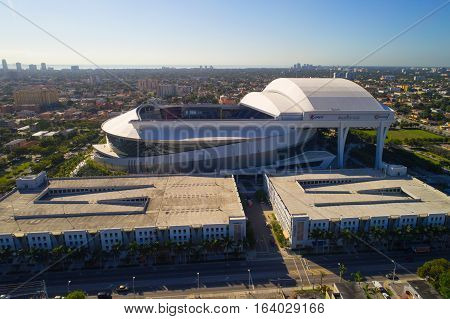 MIAMI - DECEMBER 28: Aerial image of the Marlins Park Baseball Stadium located at 501 Marlins Park Way and home to the Florida Marlins Baseball Team December 28, 2016 in Miami FL, USA