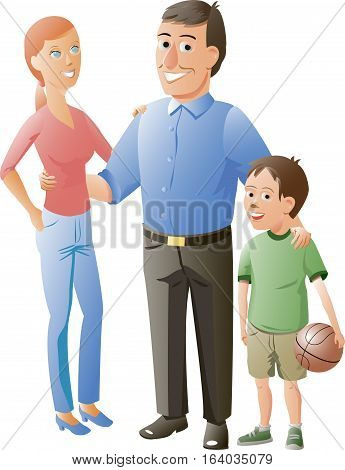 husband, wife and their son are smiling arm in arm. Son of holding a basketball