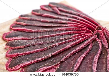 Meat delicious basturma on wood board  isolated on white background.