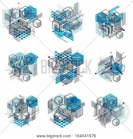 Abstract backgrounds with isometric lines vector illustrations. Templates made with cubes hexagons squares rectangles and different abstract elements. Vector set.