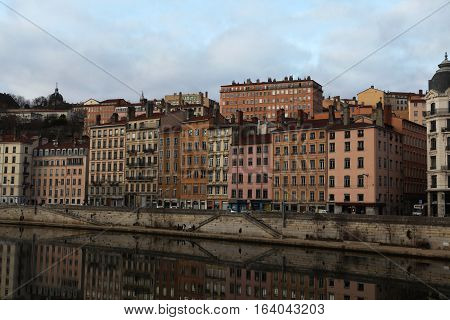 Lyon, France - December 20, 2016: houses on Embankment St. Vincent. River Saone (Sona) in December 20 in Lyon, France