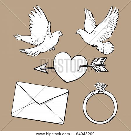 Wedding, engagement icon set with doves, arrow pierced heart, ring and love letter, sketch style vector illustration isolated on brown background. Wedding attributes - doves, ring, heart, kiss