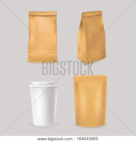 Set of vector icons for fast food packaging - paper bags and styrofoam cup. Ready for your design.