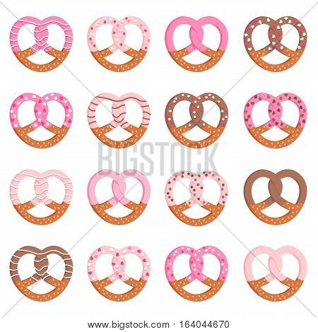 Valentine's Day cute glazed pretzels isolated on white background.