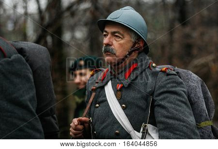 BUCHAREST ROMANIA - DECEMBER 1 2010: A soldier is taking part to a military parade on National Day of Romania. More than 3000 soldiers and personnel from security agencies take part in the massive parades on National Day of Romania.