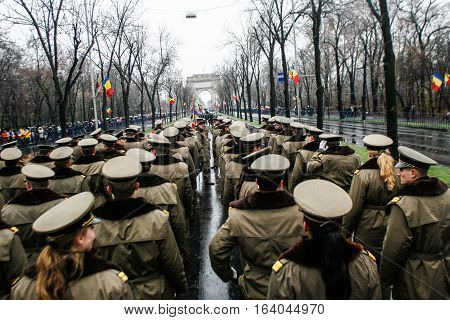 BUCHAREST ROMANIA - DECEMBER 1 2010: Military are taking part to a military parade on National Day of Romania. More than 3000 soldiers and personnel from security agencies take part in the massive parades on National Day of Romania.