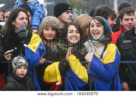 BUCHAREST ROMANIA - DECEMBER 1 2009: Young people are taking part to a military parade on National Day of Romania. More than 3000 soldiers and personnel from security agencies take part in the massive parades on National Day of Romania.