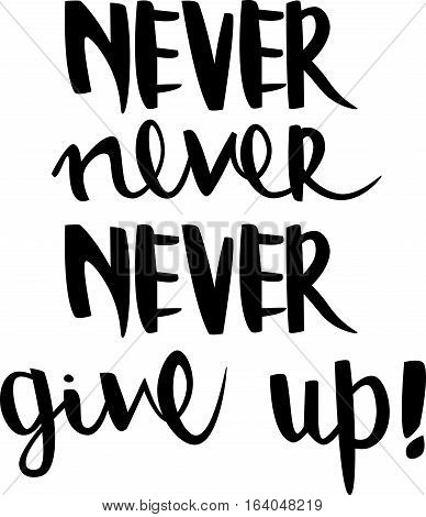 text - ''never never never give up'' Modern brush calligraphy. Handwritten ink lettering. Hand drawn vector elements. Isolated on white background. Hand drawn lettering element for your design.