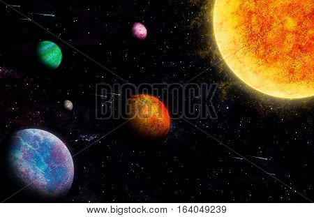 SOLAR SYSTEM ILLUSTRATION. DRAW PLANTES IN BLACK BACKGROUND.