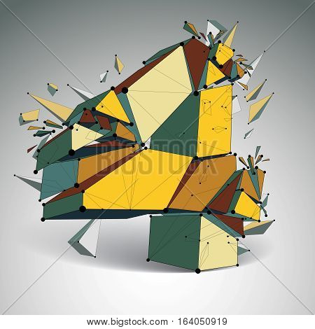 Vector Dimensional Wireframe Number 4, Colorful Demolished Digit With Fragments. 3D Mesh Technology