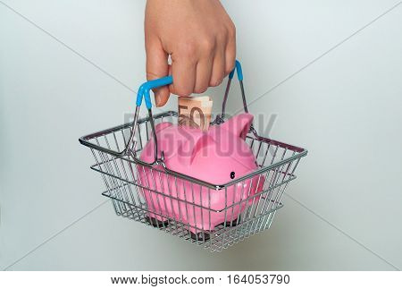 Hand holding shopping basket with piggy bank on white background