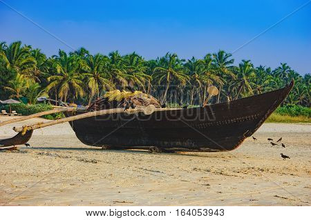 Traditional fishing boat on palm trees background, Cavelossim Beach in South Goa, India