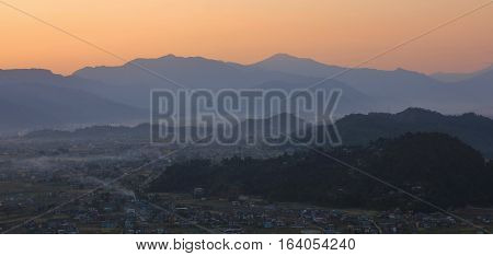 View from a hill near Begnas Tal. Evening scene near Pokhara.