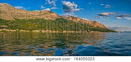 Panoramic view of the beautiful nature of Tucepi touristic town on the Adriatic Sea coast, Croatia.