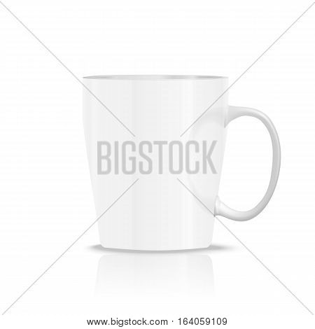 Photo realistic white cup isolated on the white background. Design Template for Mock Up. Vector illustration.