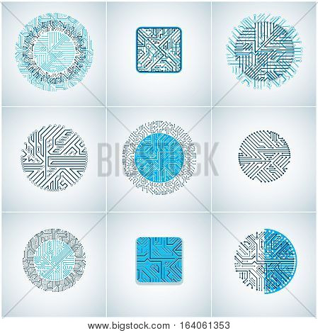 Collection Of Vector Microchip Designs, Cpu. Information Communication Technology Elements With Mult
