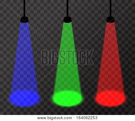Three spotlights (red, green, blue) on transparent background, vector floodlights with bright spots on floor